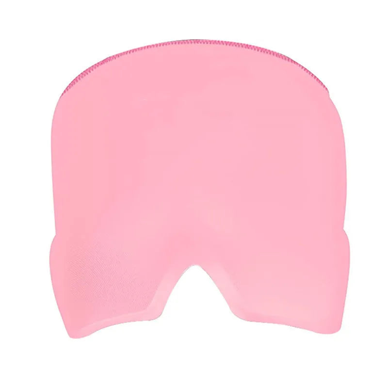 Black elastic cloth gel cold therapy eye mask for headache relief on grey background.