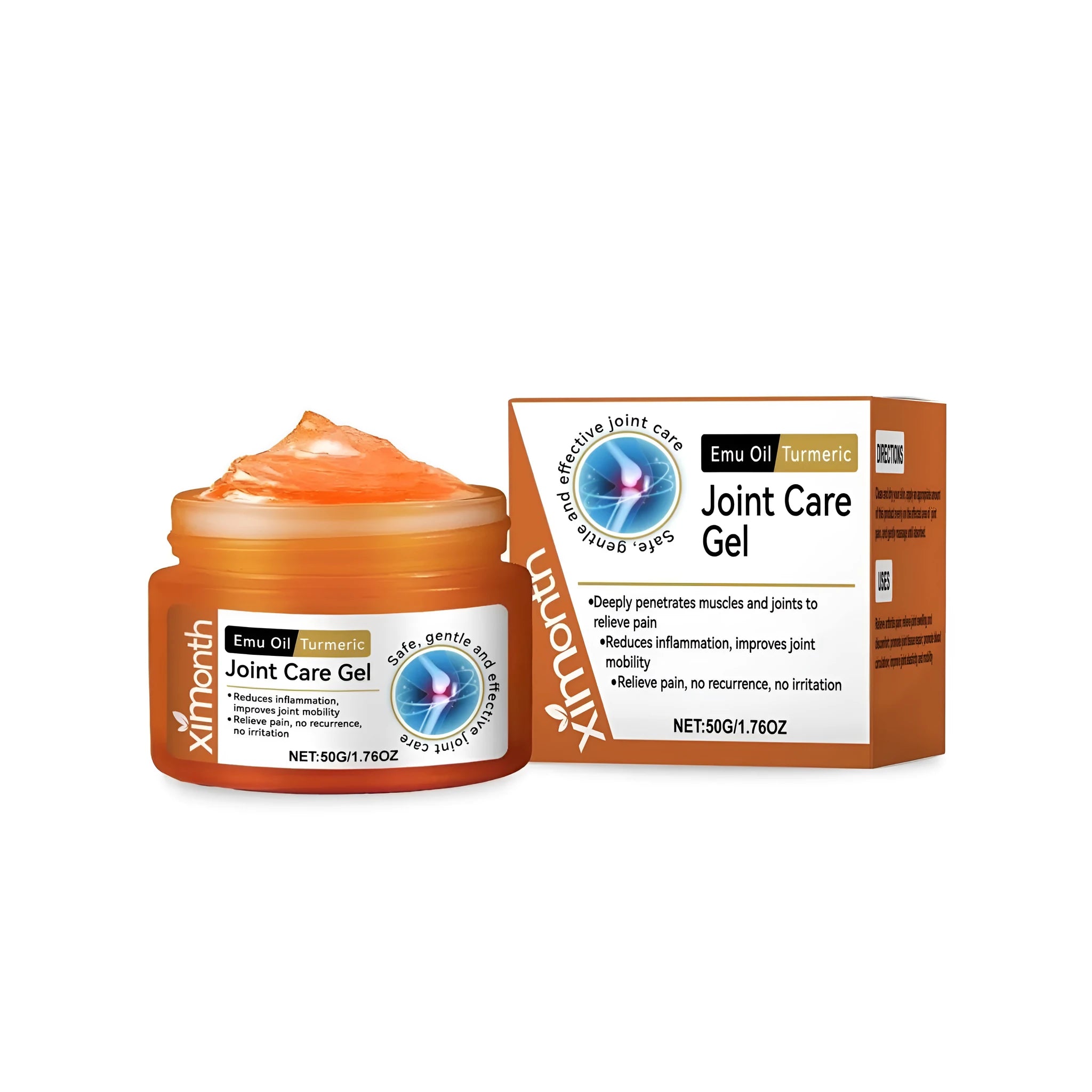 50g tube of joint pain relief gel with turmeric, emu oil and mint leaves ingredients.