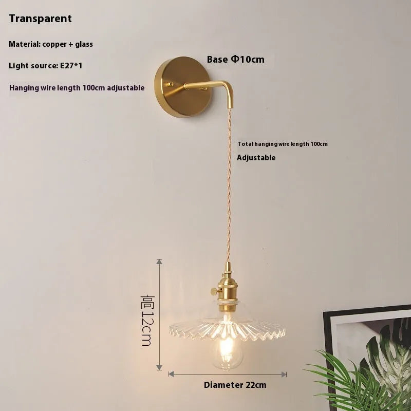 Retro brass lotus wall lamp with copper body and glass shade in 22cm diameter