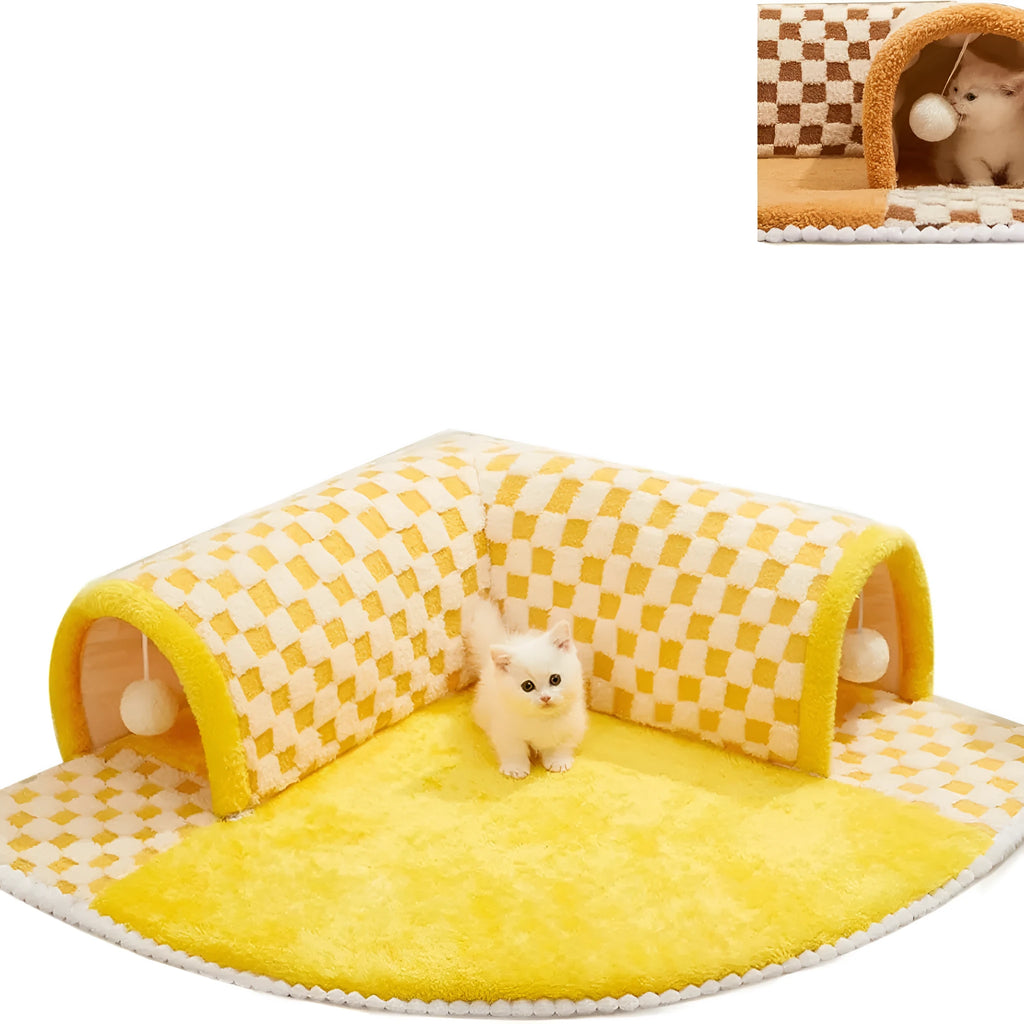 Brown plush plaid cat tunnel bed with central mat and zippered collapsible tunnel for indoor cats