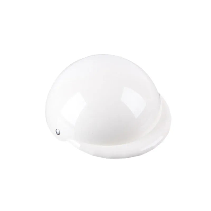 A pink plastic motorcycle cap helmet for a dog, shown alongside white, black, and yellow colour options.
