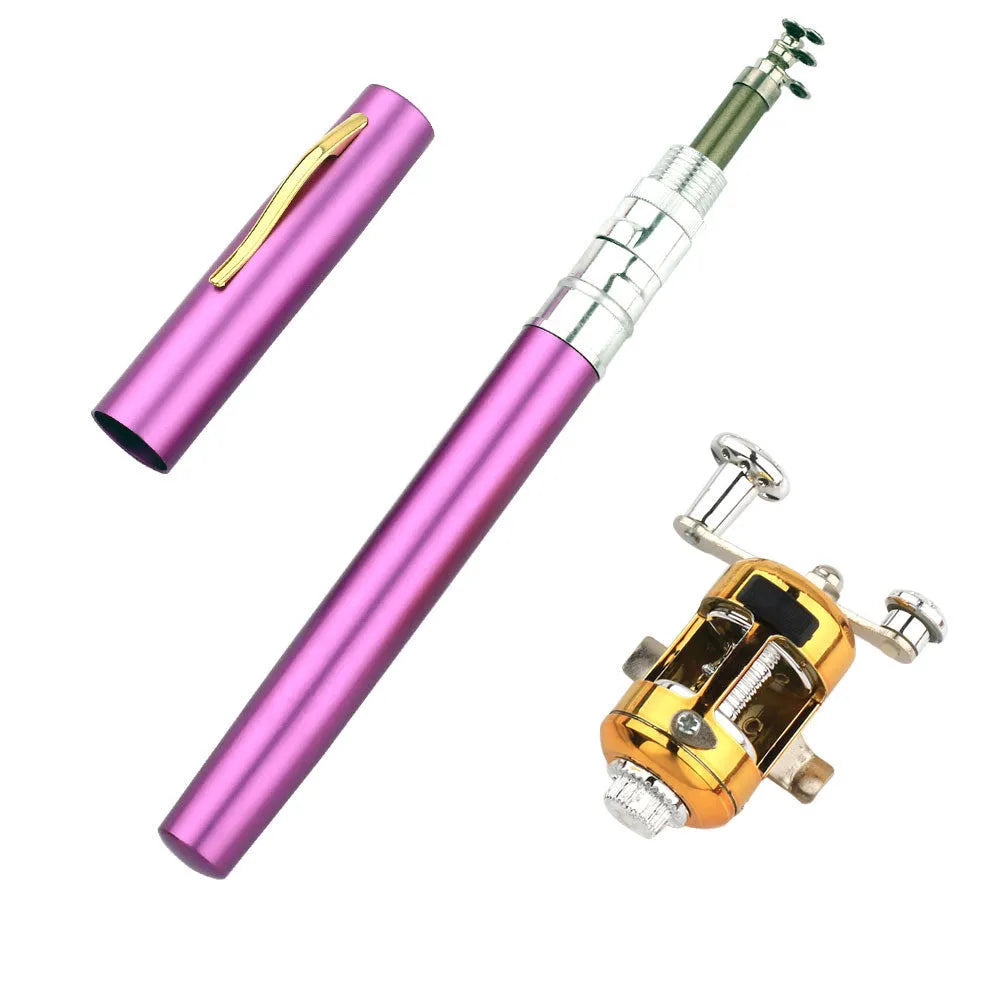 Portable telescopic fishing rod and reel kit collapsed in aluminium pen case with colour options displayed
