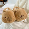 Light brown women's winter slippers with plush upper and oversleeve design