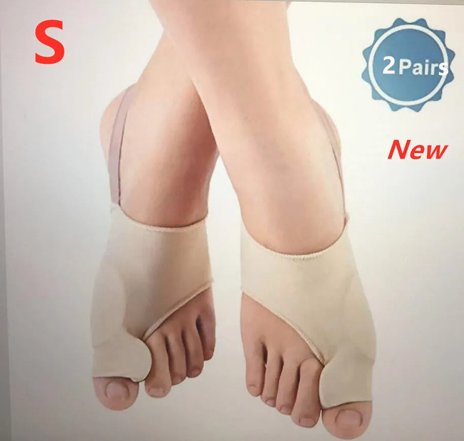 Corrective toe socks with silicone gel bunion pad and toe separator on a foot.