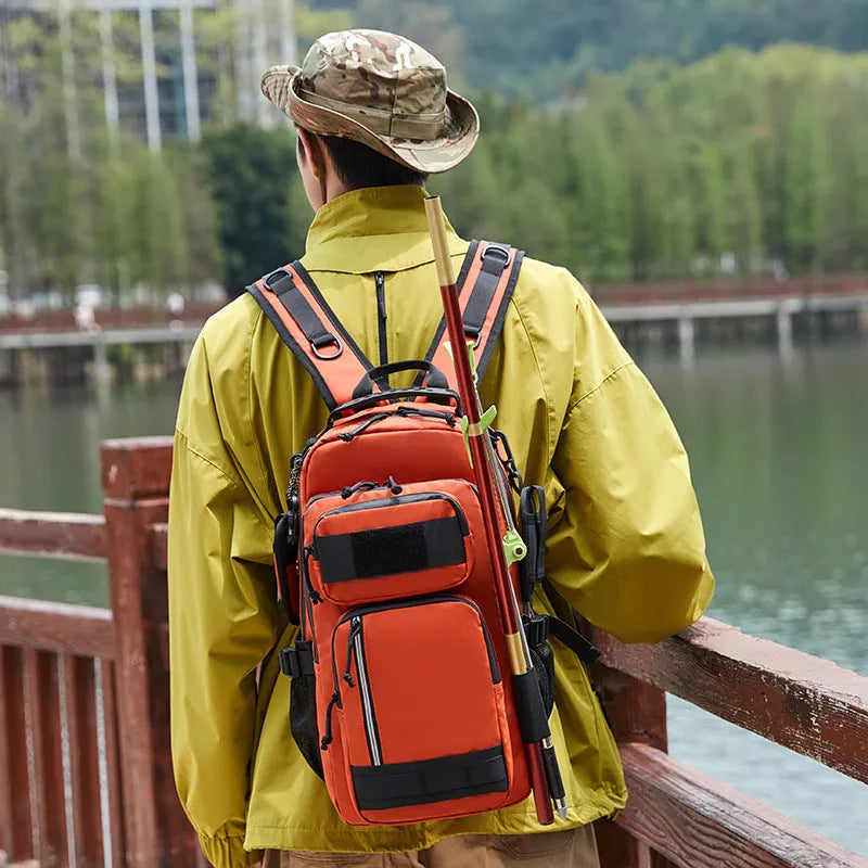 Large Derm fabric outdoor backpack in orange colour with 20-35 litre capacity for hiking and camping