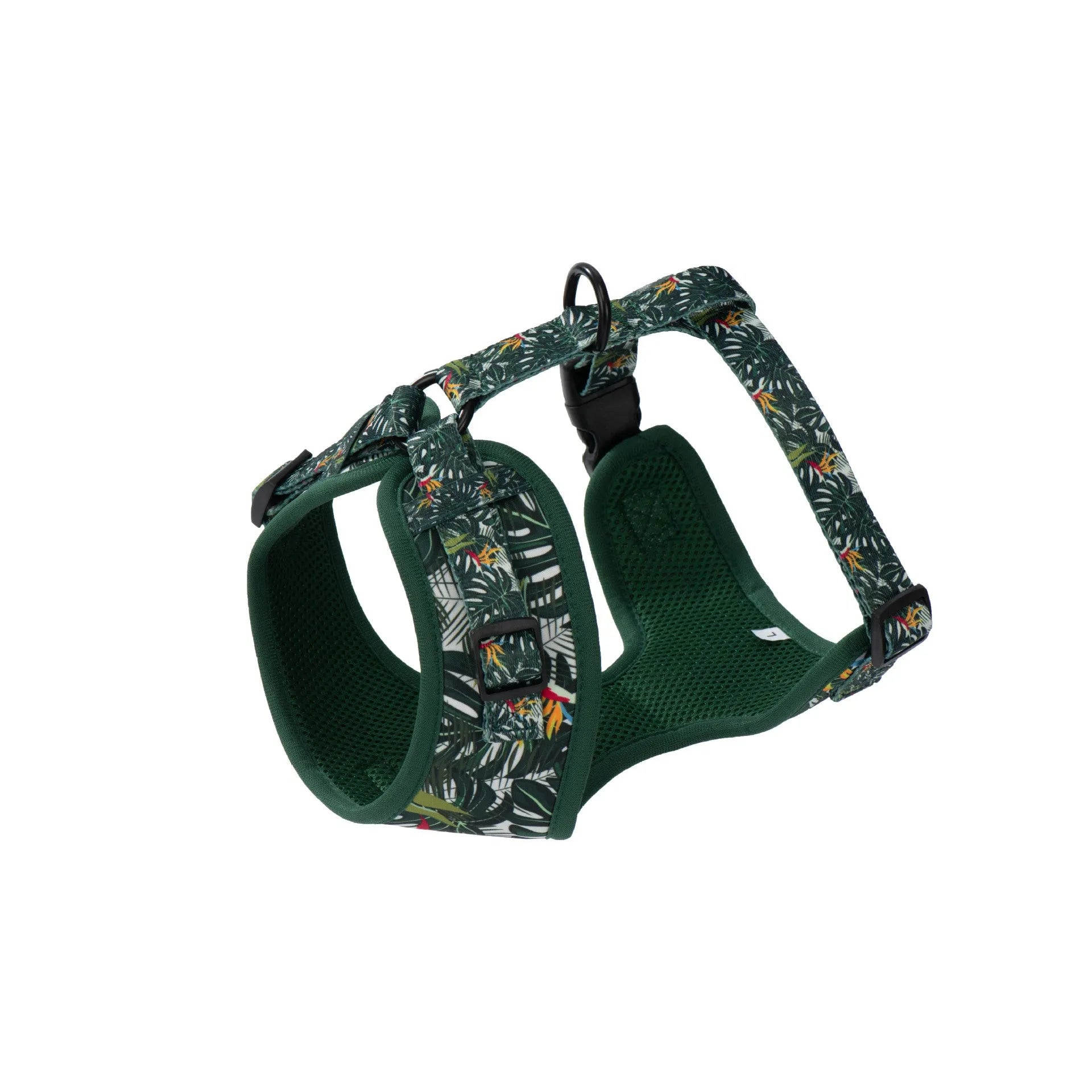 Six-piece adjustable cloth dog harness set with lead, collar, waste bag, bow tie, and scarf.