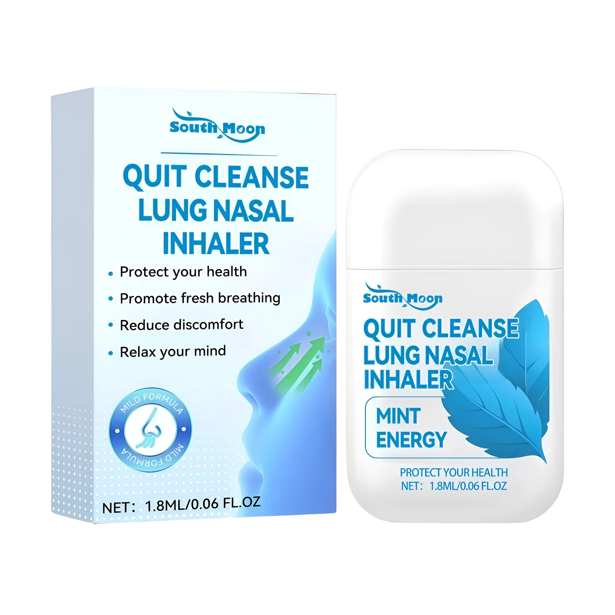 Quit Cleanse Lung refillable nasal inhaler device with 1.8ml capacity and nasal aspirator.
