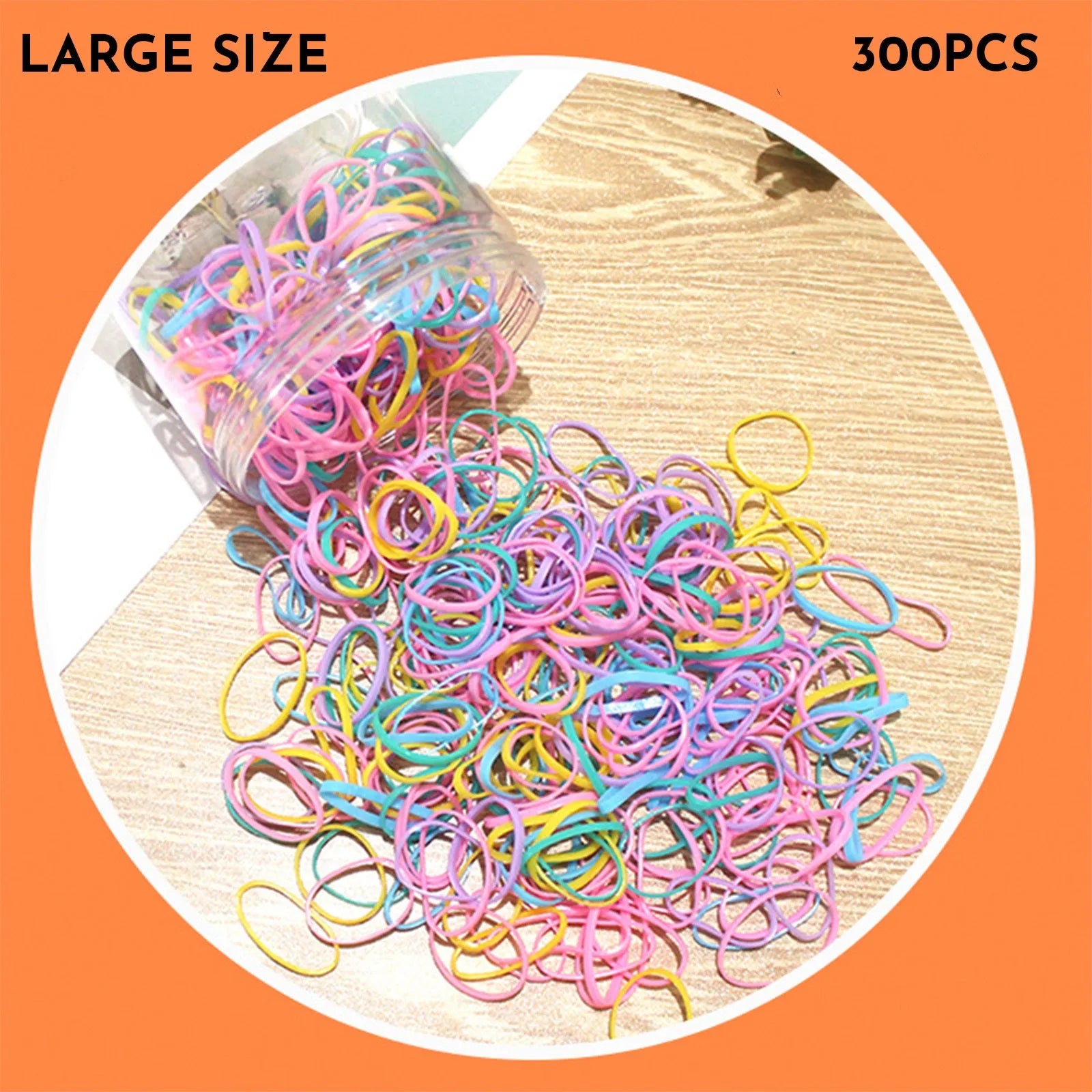 Assortment of colourful thin TPU baby hair ties in a clear reusable plastic container.