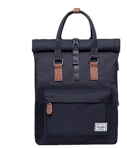 Casual black polyester backpack with cover opening showing internal computer pocket and zipper compartment