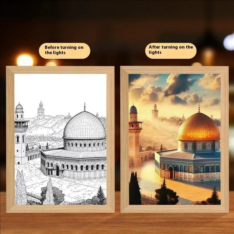 Modern rectangular LED light painting wall art with handmade frame showing illuminated design