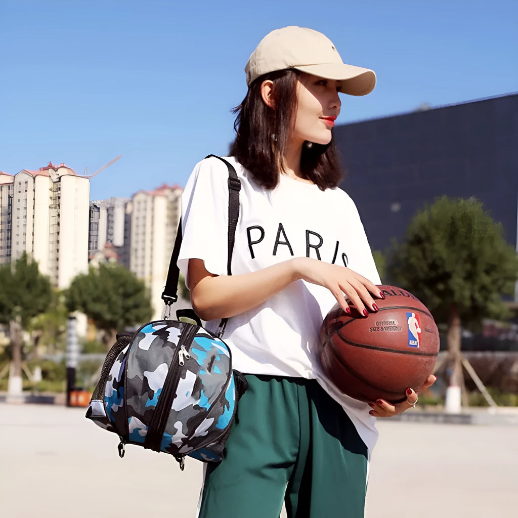 Oxford cloth basketball training bag in black, shown in one-shoulder and two-shoulder backpack styles