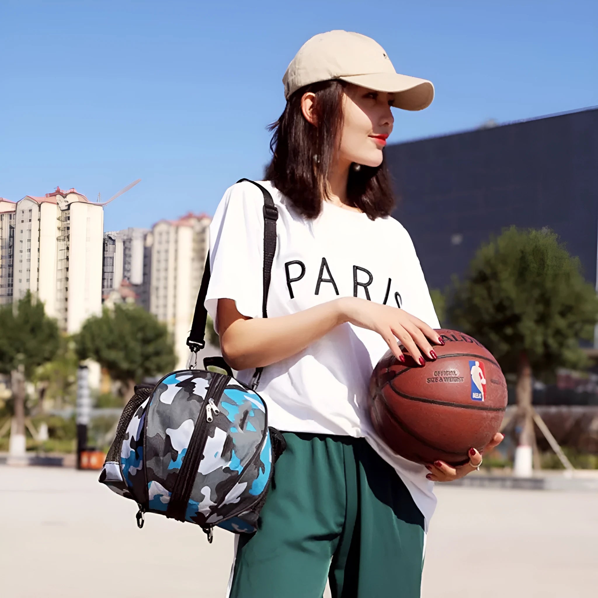 Oxford cloth basketball training bag in black, shown in one-shoulder and two-shoulder backpack styles