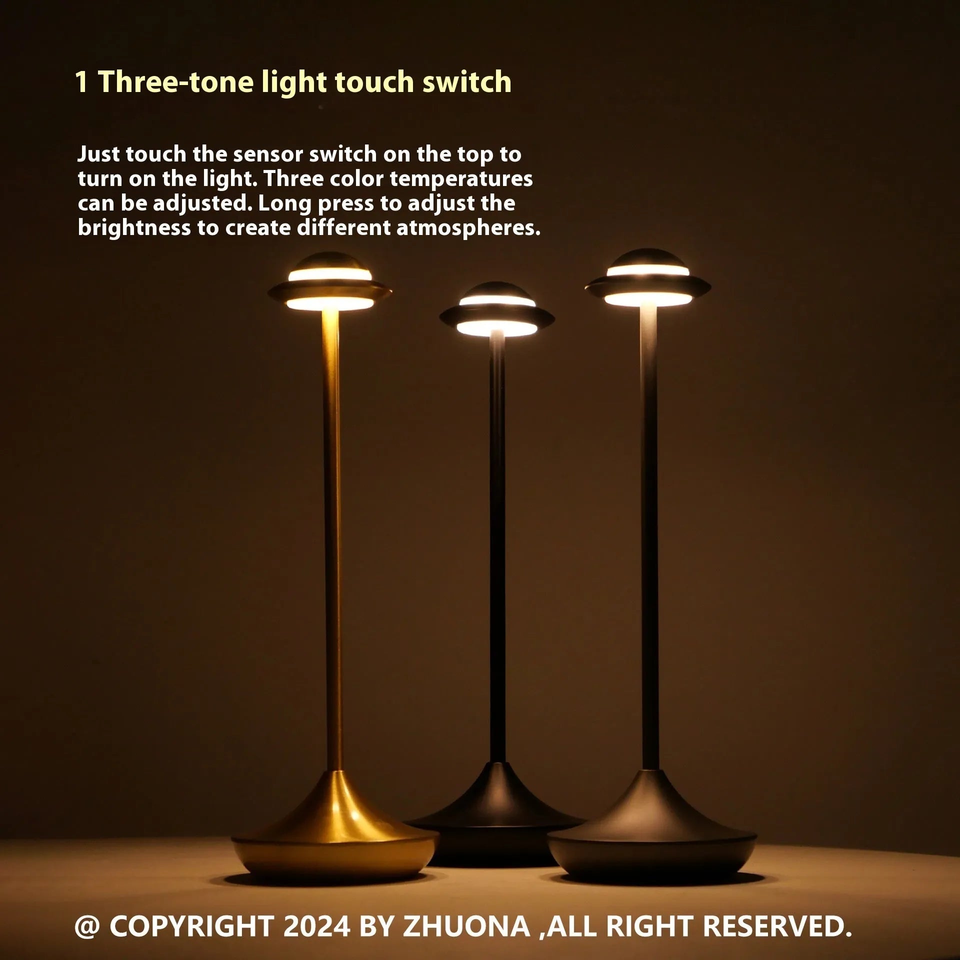 Metal UFO table lamp with rechargeable battery and touch dimming controls in gold finish