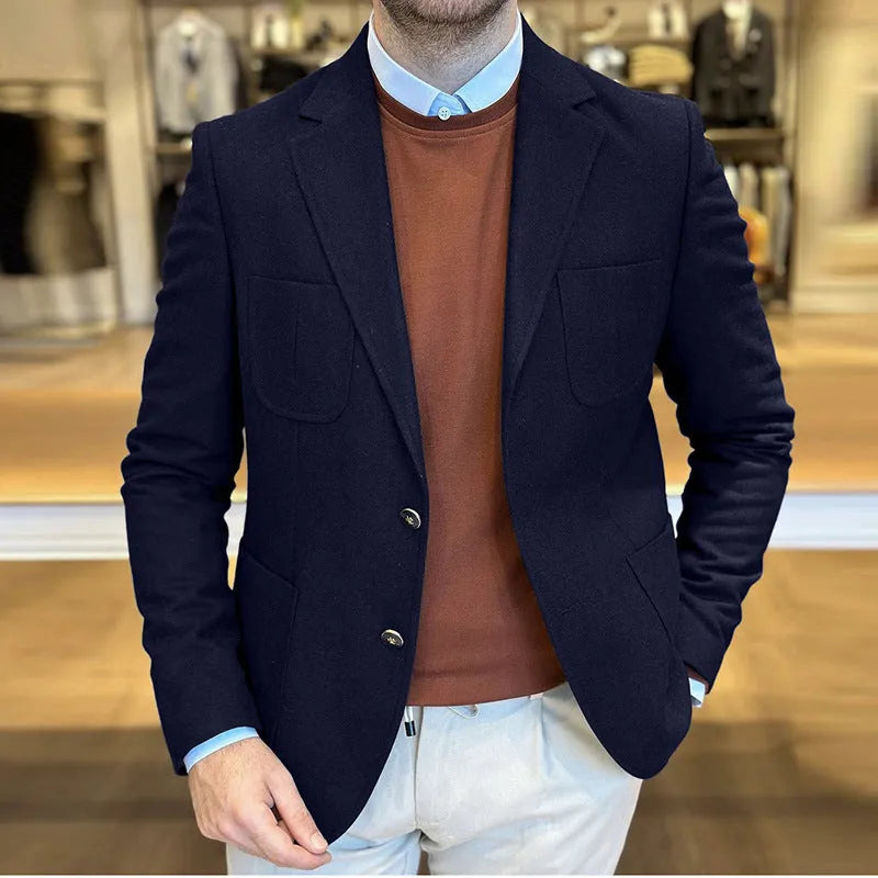 Men's loose-fit cotton suit jacket in a retro style, shown in a solid colour.
