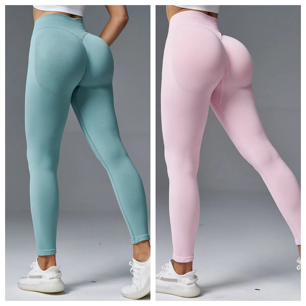 Women's peach hip tight mid waist yoga pants in light green colour, showing tight fit and hip design.
