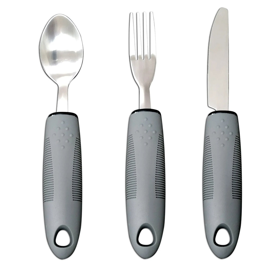 Stainless steel adaptive spoon with black rubber anti-shake handle for elderly food aid.