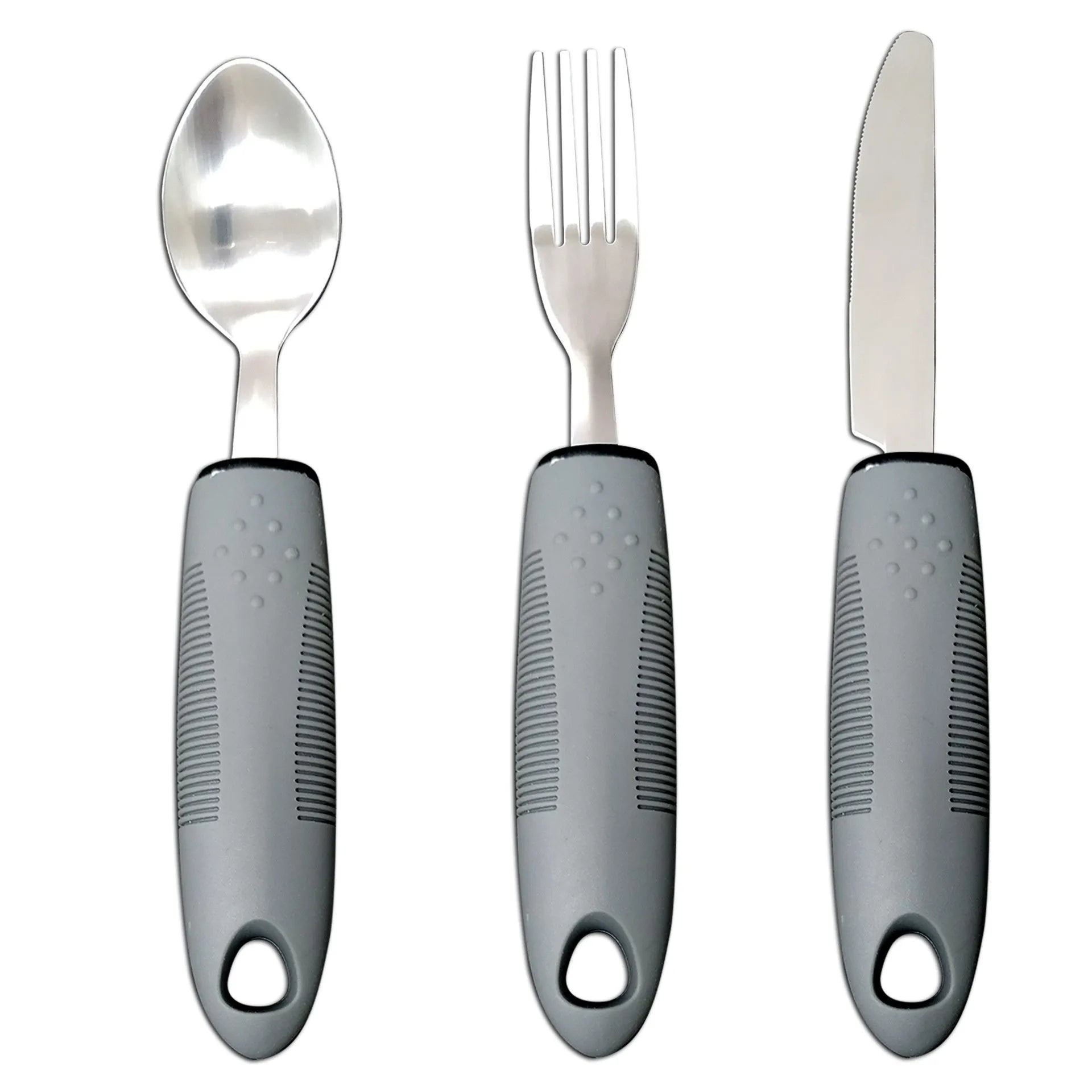 Stainless steel adaptive spoon with black rubber anti-shake handle for elderly food aid.