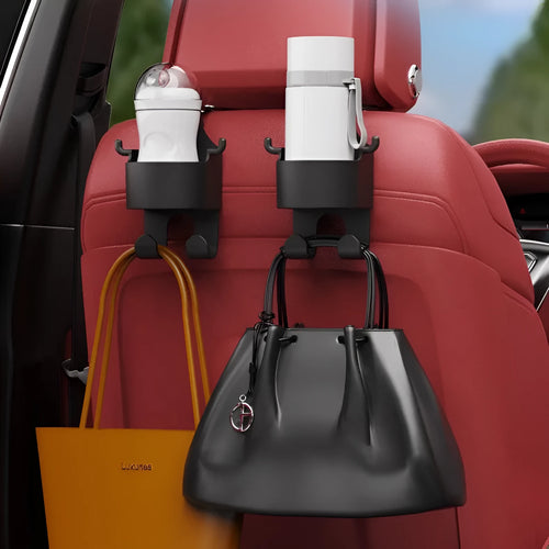 Black plastic car seat back organiser with cup holder and hook measuring 8.5cm wide