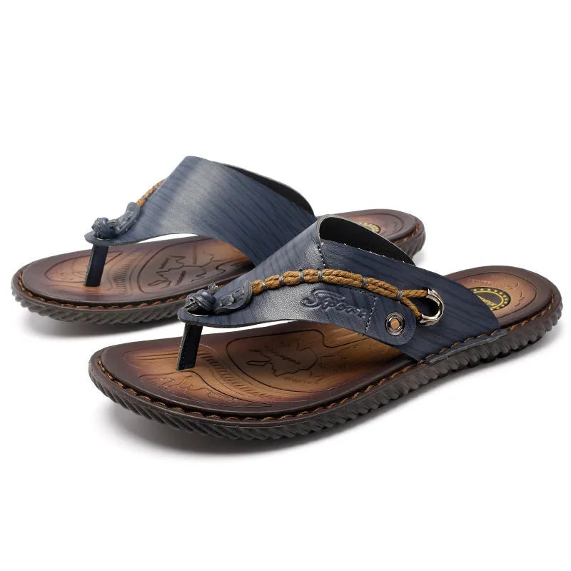 Men's non-slip lightweight slippers in PU leather, shown in black, blue, khaki, and light brown colours.