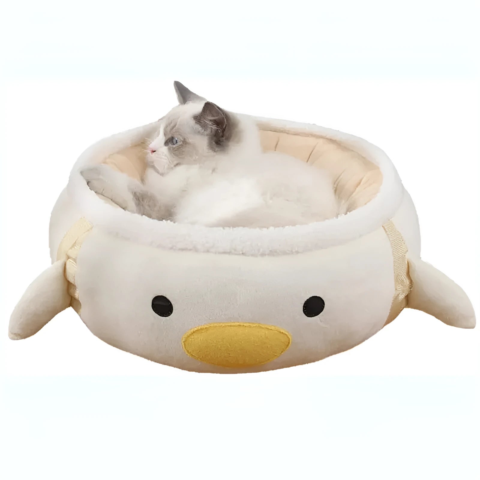 Green chick-shaped cat bed shown both flat and hanging as a hammock for small pets.