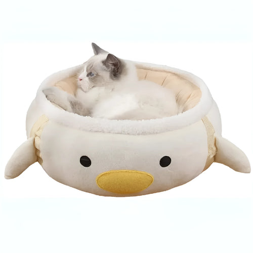 Green chick-shaped cat bed shown both flat and hanging as a hammock for small pets.