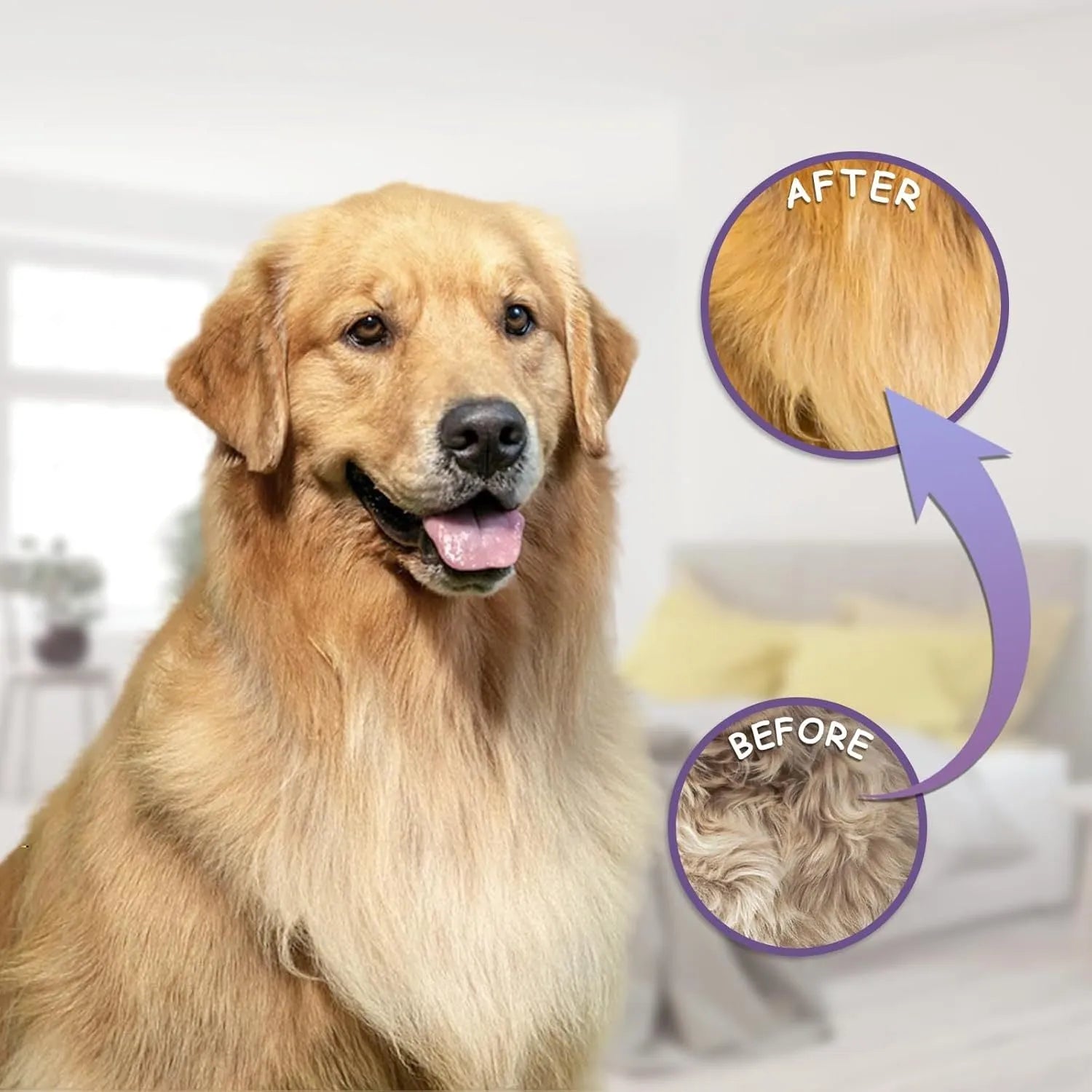 Purple pet detangling comb with stainless steel teeth and ergonomic handle.