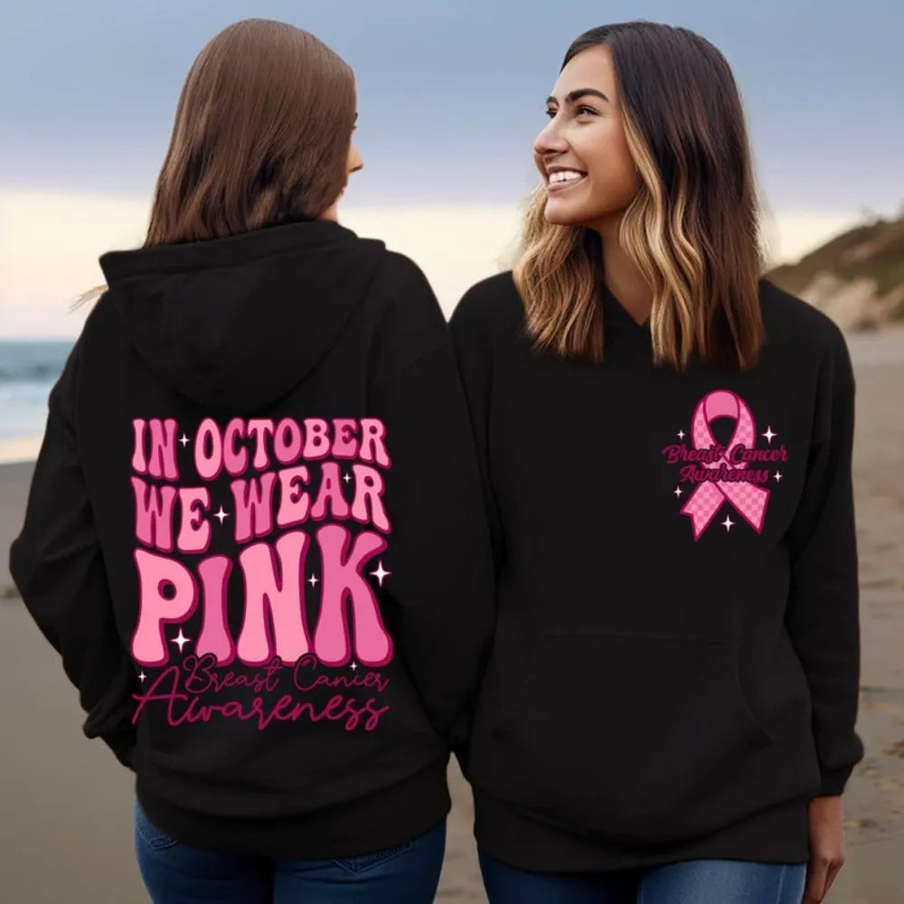 Women's pink Breast Cancer Awareness hoodie with retro art design and side pockets