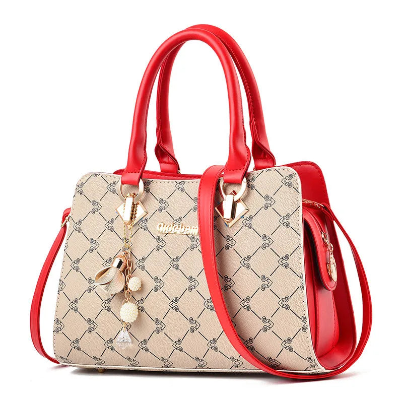 Women's PU leather messenger bag with geometric print pattern and crossbody strap