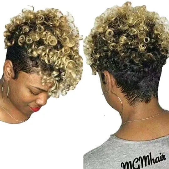 Short blonde synthetic wig with rolled styling on a mannequin head.