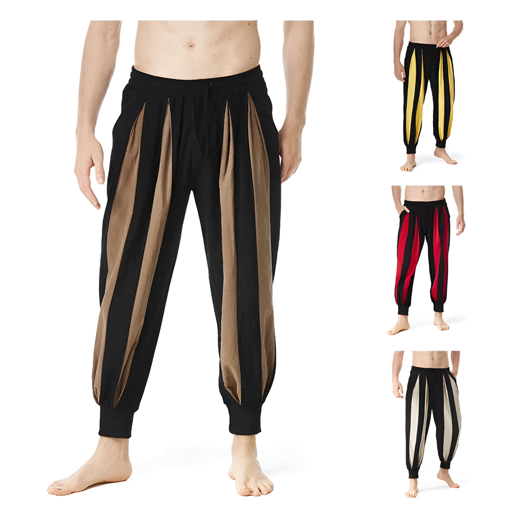 Men's straight leg casual trousers in red, khaki, yellow, or brown, made from polyester fabric.