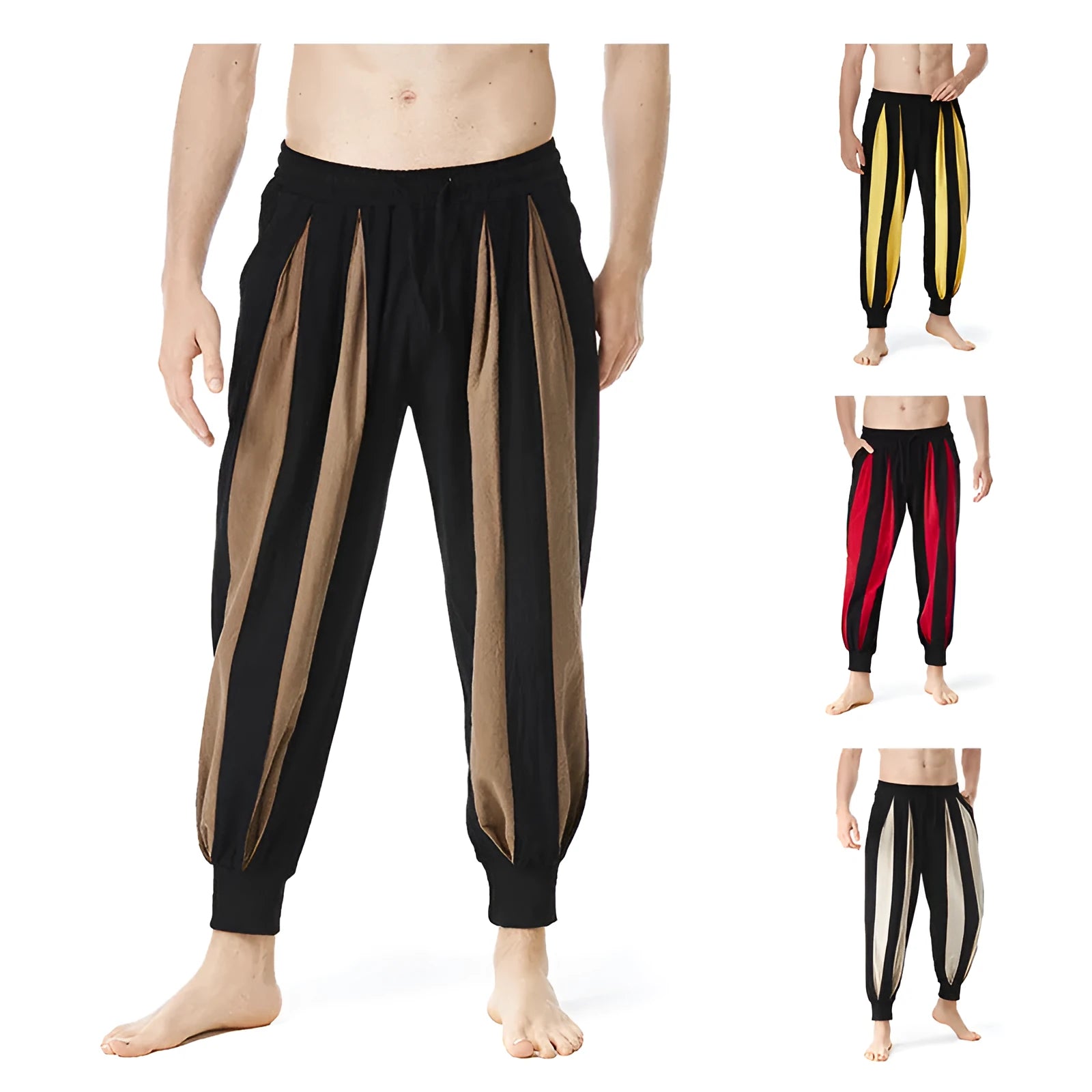 Men's straight leg casual trousers in red, khaki, yellow, or brown, made from polyester fabric.