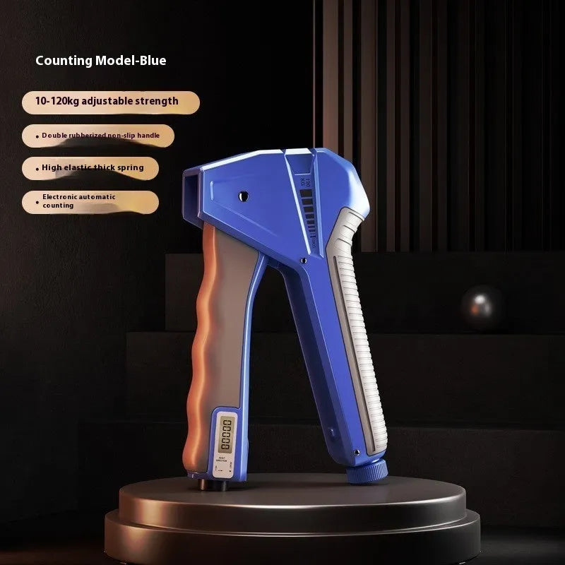 Adjustable hand gripper with mechanical counter showing 5-60kg resistance range in multiple colour options