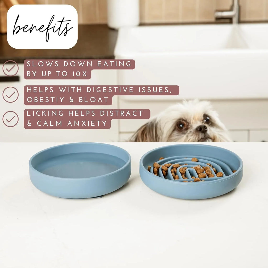 Silicone slow feeder dog bowl with textured ridges, shown in mustard green colour