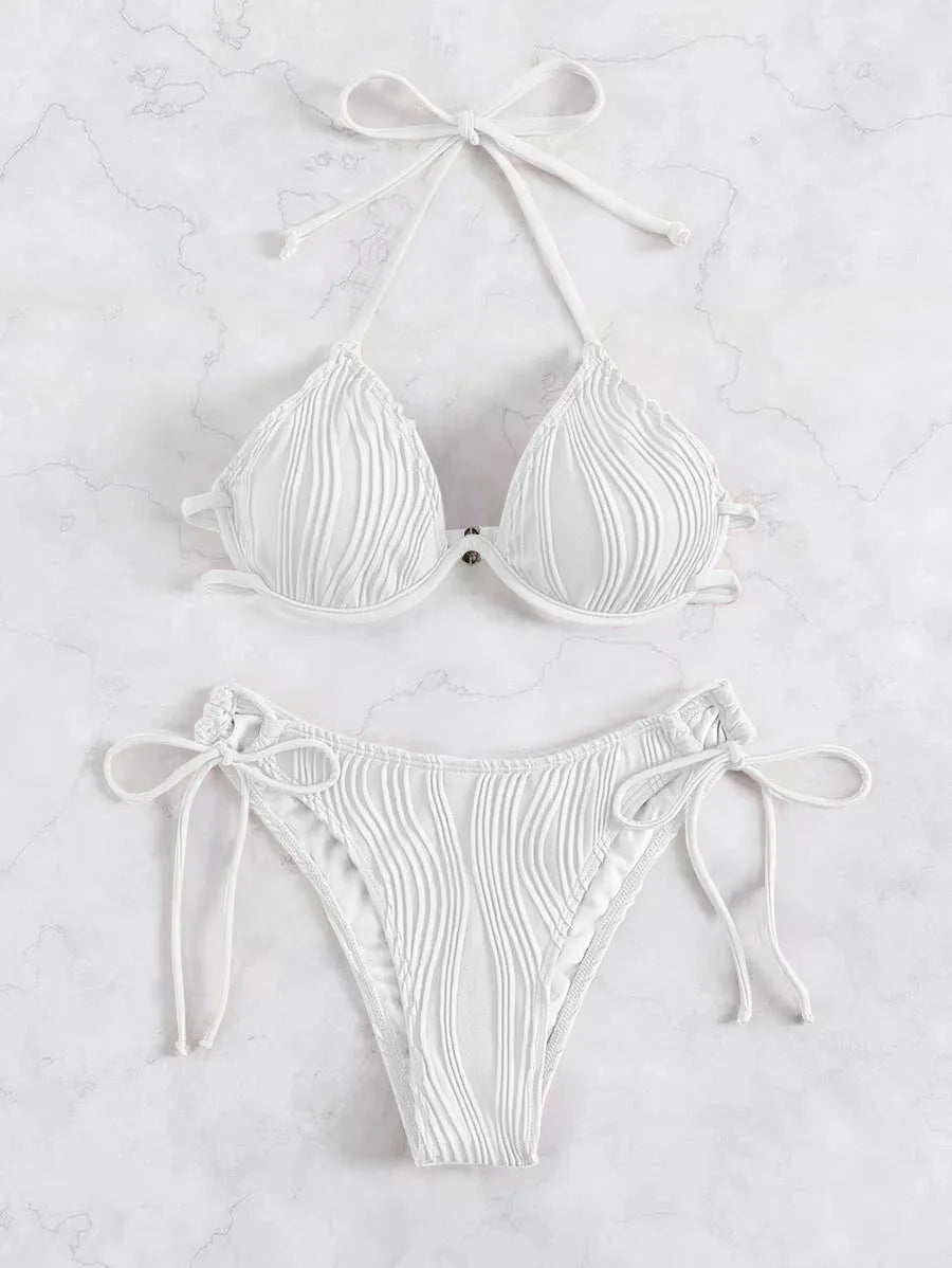 Women's steel bracket underwire split bikini swimsuit in various colours.