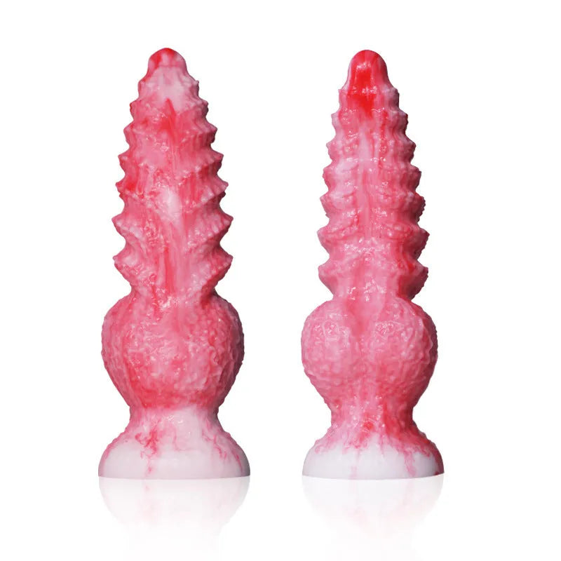 Pink platinum silicone women's masturbation device shaped like a penis