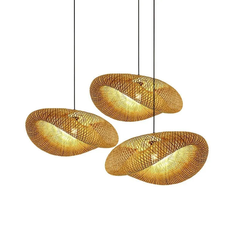 Bamboo straw hat-shaped hanging pendant light with natural rattan weave in 40cm or 50cm diameter options