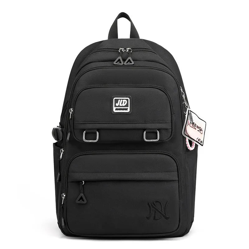 Large capacity girls' school backpack in nylon, showing colour options and physiological back support design.