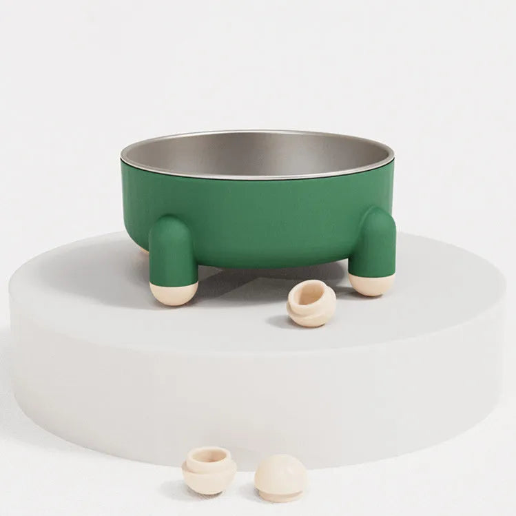 Green stainless steel pet bowl with a non-slip base and raised high foot for dogs and cats.