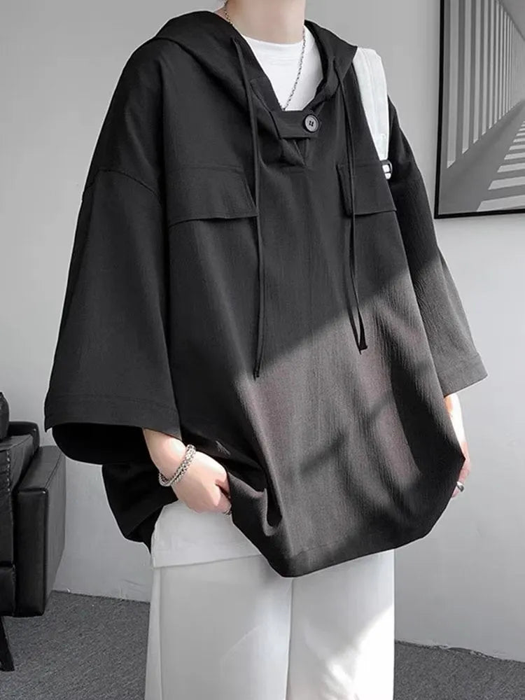 Men's hooded short sleeve T-shirt in solid colour with loose fit summer design