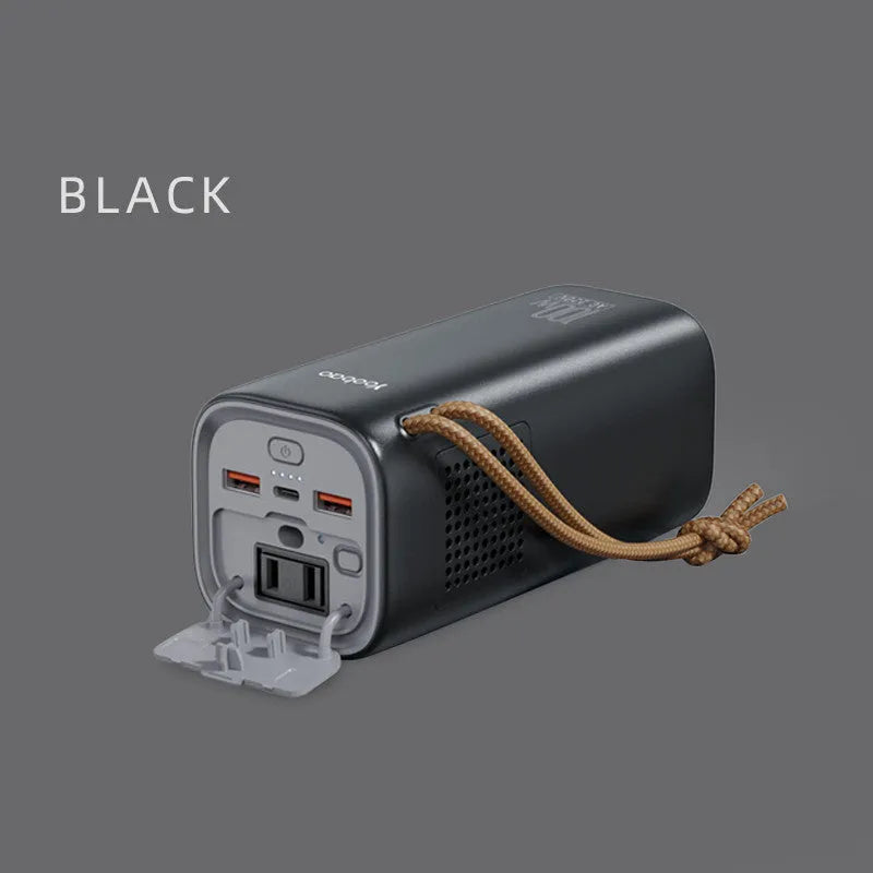 Black portable power bank with solar panel and multiple charging ports