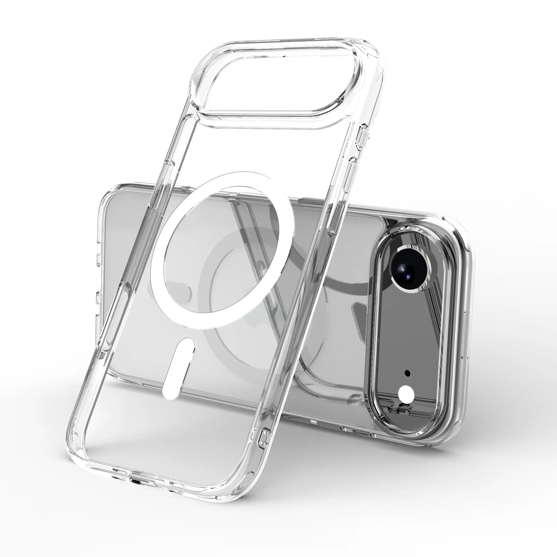 Transparent magnetic phone case for iPhone 17 series showing clear TPU construction with magnetic ring