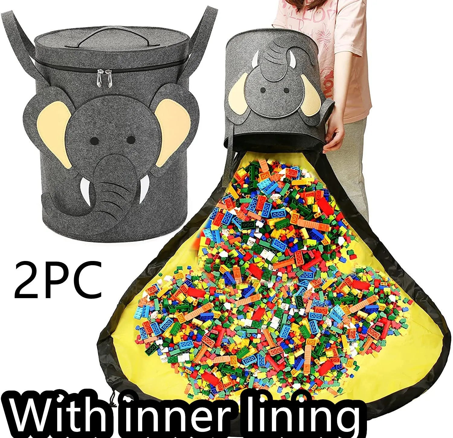 Green felt cube storage bag with pull rope shown as both toy container and play mat