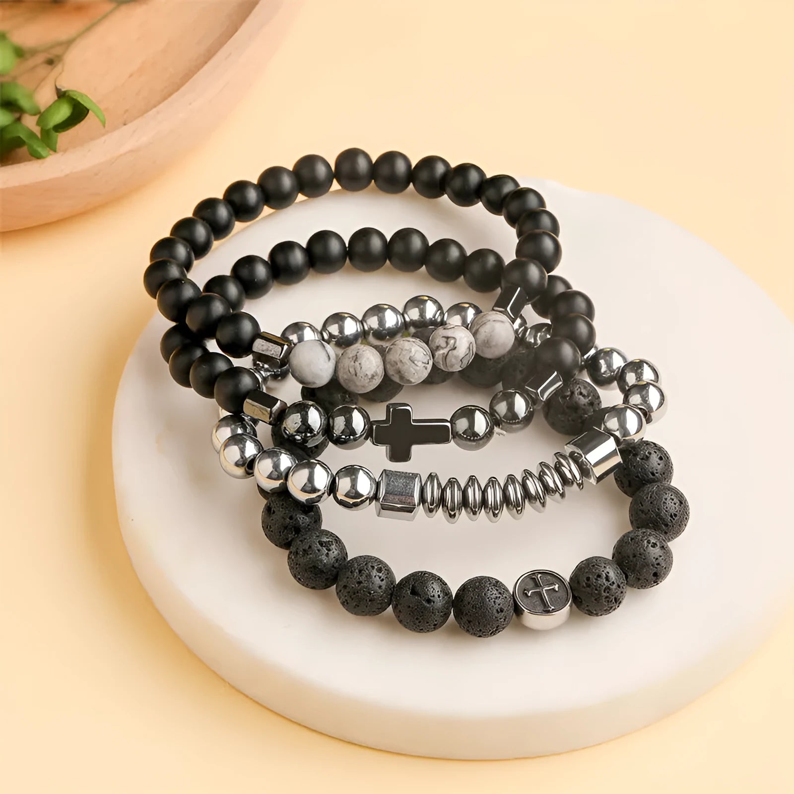 Geometric volcanic rock agate bracelet with stainless steel finish, showing 10mm beads.