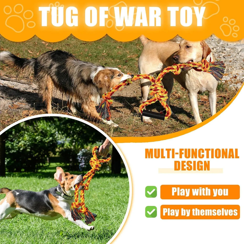 Blue and yellow cotton dog rope toy with non-slip handles for large breed aggressive chewers