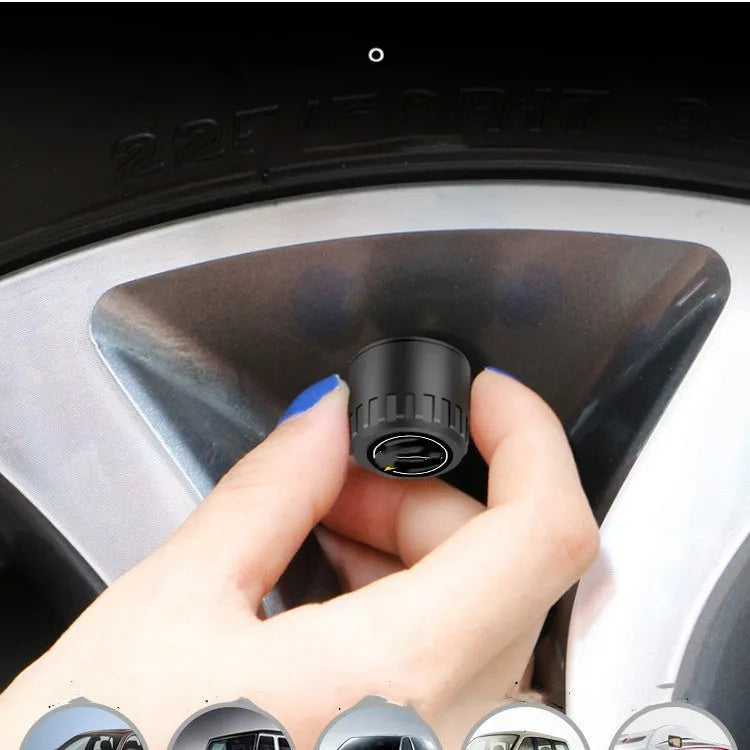 Four black Bluetooth tyre pressure sensors with wrench and anti-theft screws for vehicle installation