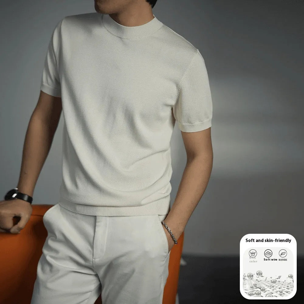 Men's knitted T-shirt in solid colours with round neck and short sleeves on size chart background