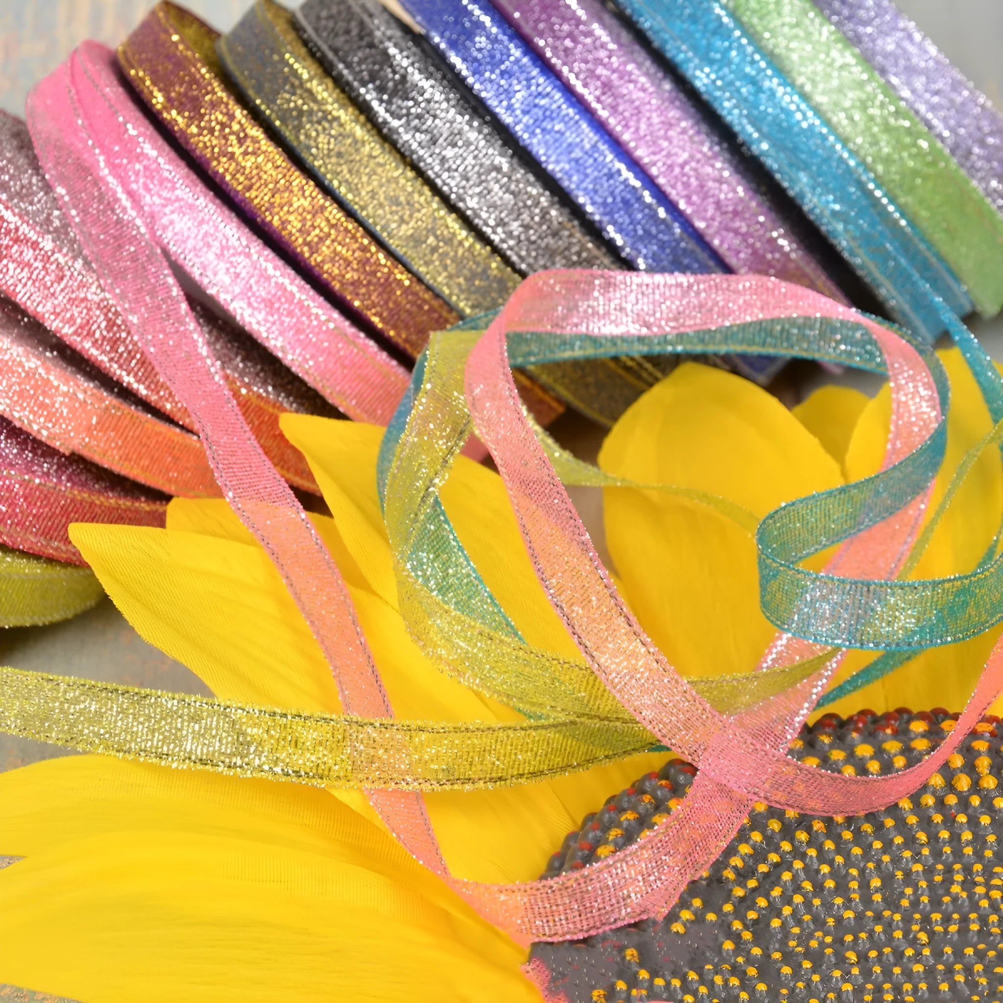 Colourful green onion pattern polyester ribbon with gold wire detailing, 1cm wide.