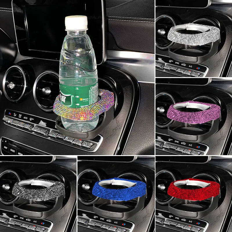 Rhinestone-decorated car cup holder bracket mounted on vehicle air vent in multiple colour options
