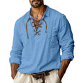 Men's plus size solid colour linen blend shirt with lapels and long sleeves in a loose fit.