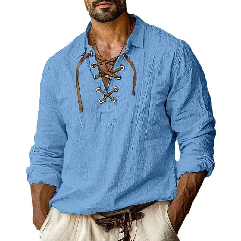 Men's plus size solid colour linen blend shirt with lapels and long sleeves in a loose fit.